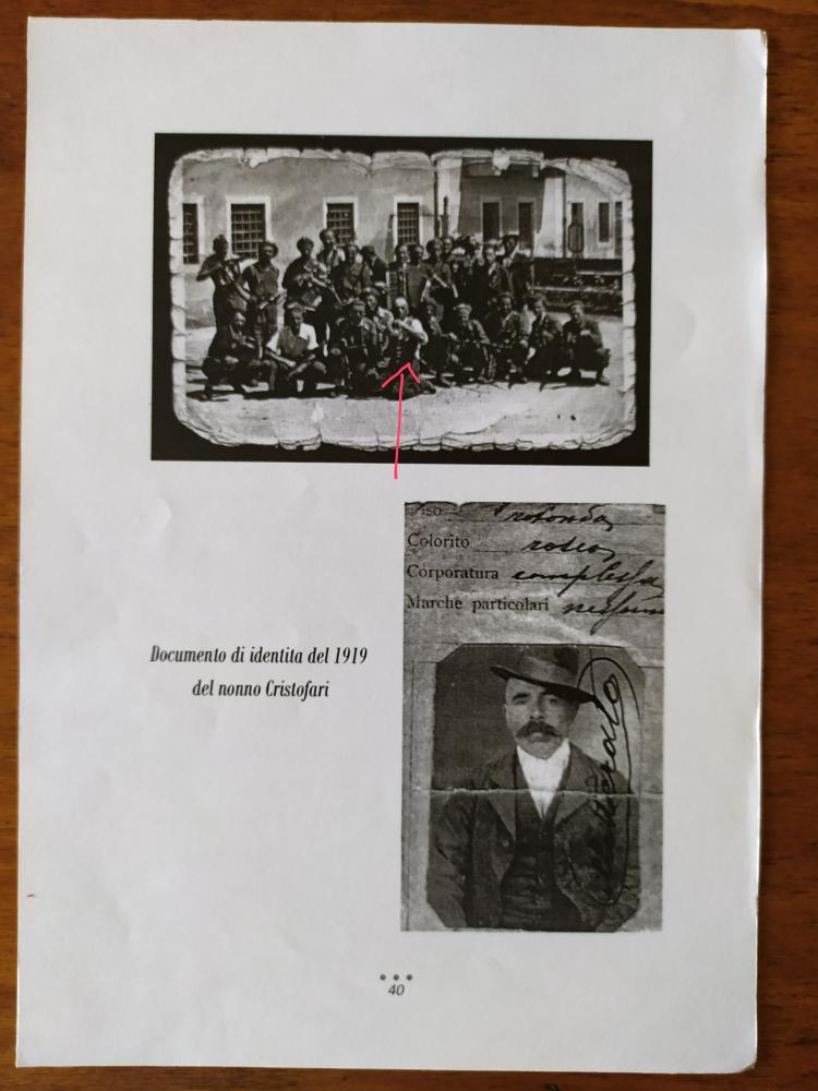 Un gruppo di partigiani e al centro sopra la freccia il nonno Giovanni e un documento d'identità